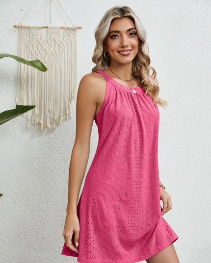 Eyelet Round Neck Sleeveless Dress 