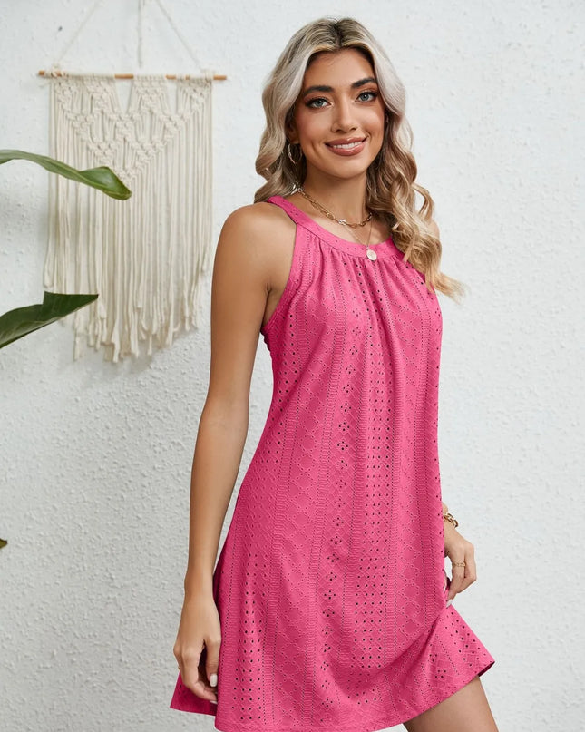 Eyelet Round Neck Sleeveless Dress 