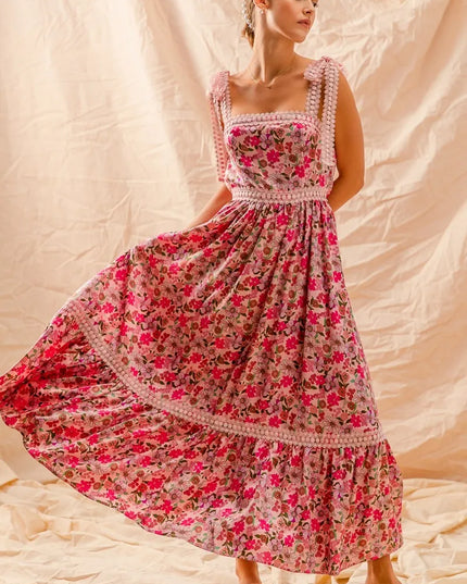 SO ME Floral Maxi Dress With Ribbon Tie Lace Strap PINK COMBO