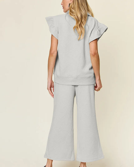 Double Take Texture Ruffle Short Sleeve Top and Drawstring Wide Leg Pants Set