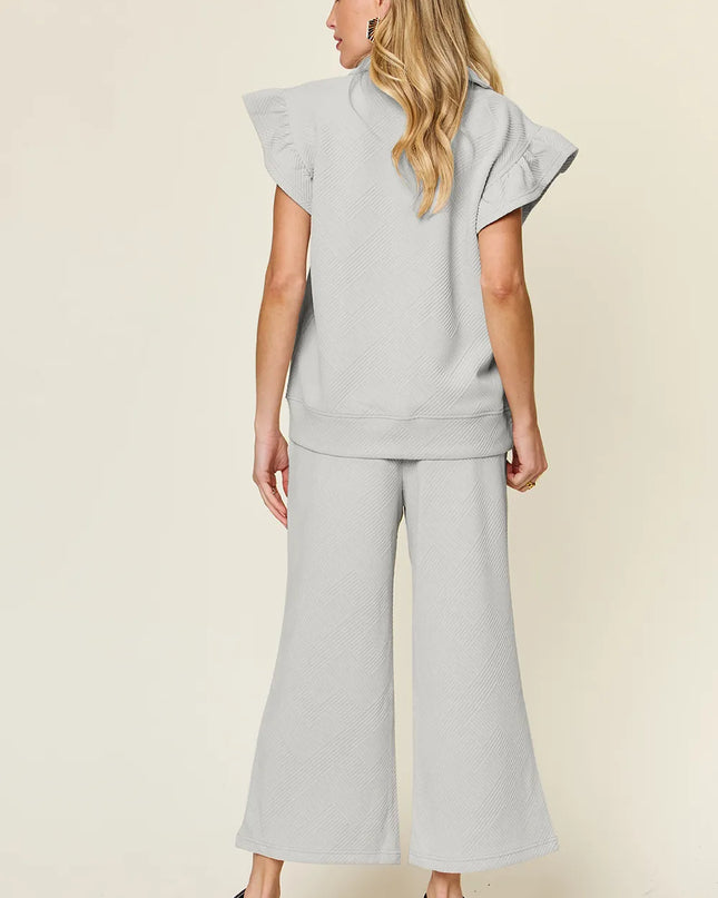 Double Take Texture Ruffle Short Sleeve Top and Drawstring Wide Leg Pants Set