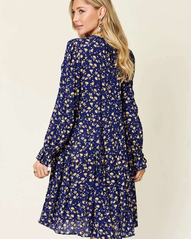 Double Take Full Size Printed Ruffle Hem Long Sleeve Tiered Dress