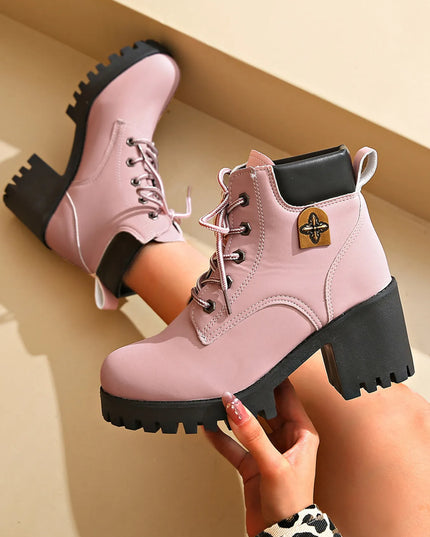 Lace Up Block Heel Boots Pink