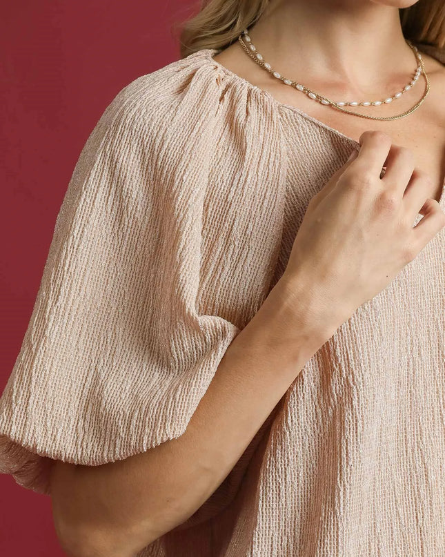Umgee Texture Puff Sleeve Notched Blouse
