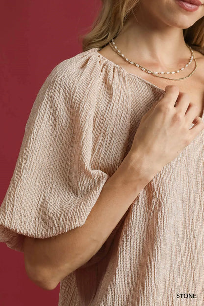 Umgee Texture Puff Sleeve Notched Blouse