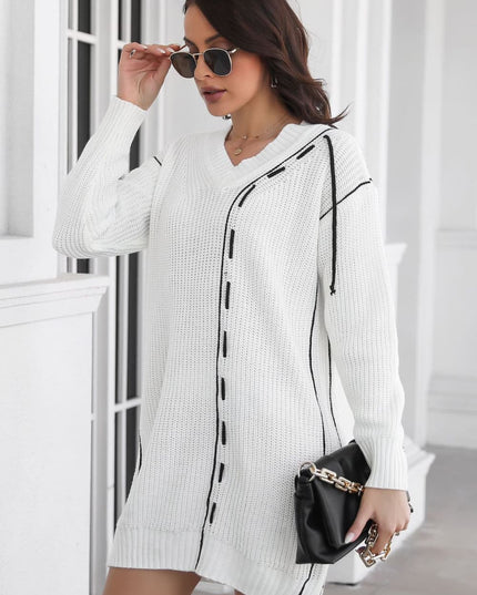 Contrast V-Neck Sweater Dress