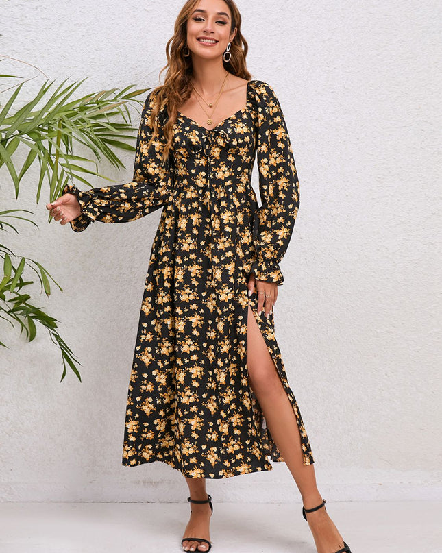 Flounce Sleeve Slit Midi Dress 