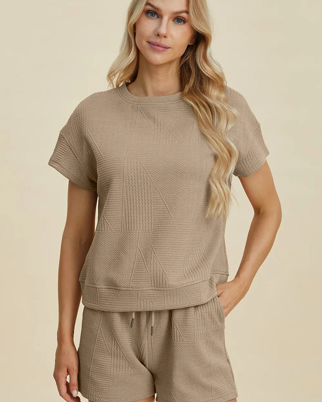 Double Take Full Size Texture Short Sleeve Top and Shorts Set Khaki