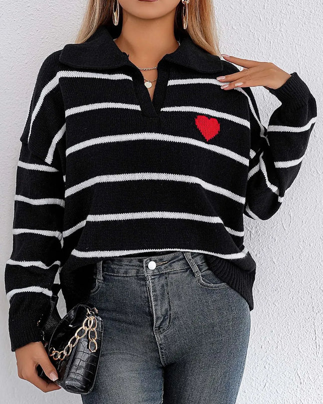 Striped Johnny Collar Long Sleeve Sweater