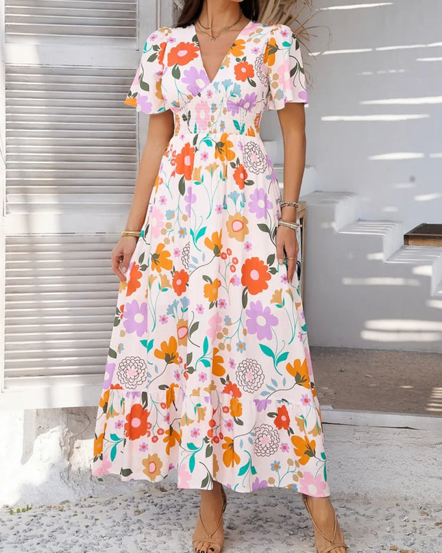 Devine Smocked Printed V-Neck Short Sleeve Maxi Dress