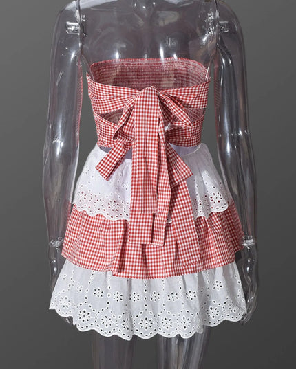 Eyelet Gingham Ruffle Layered Tube Dress