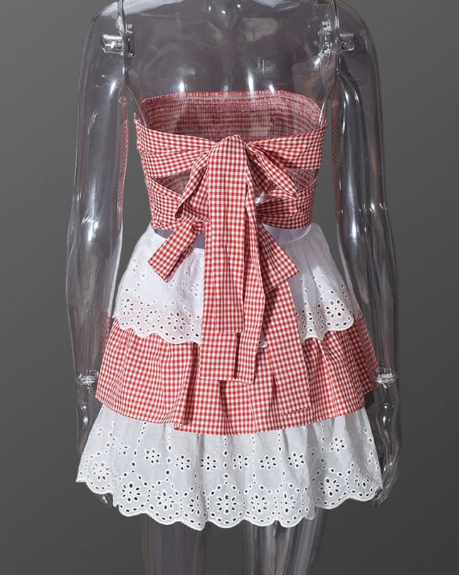 Eyelet Gingham Ruffle Layered Tube Dress