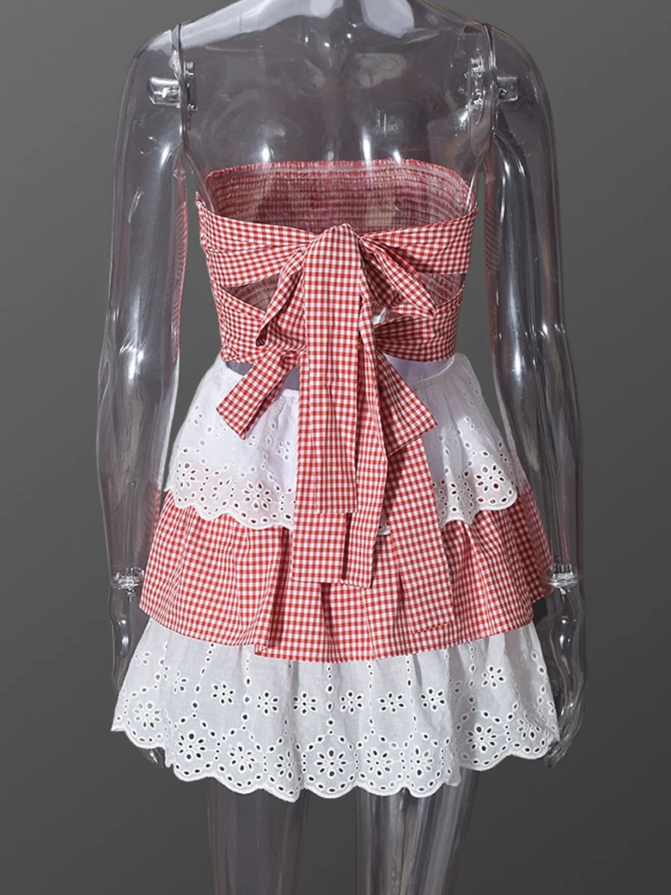 Eyelet Gingham Ruffle Layered Tube Dress