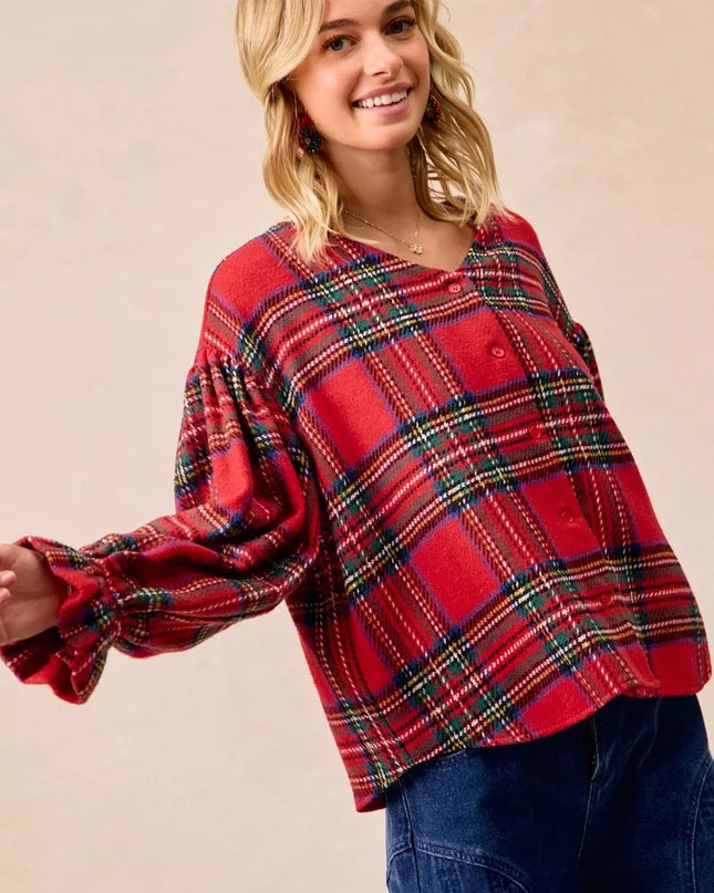 BiBi Christmas Plaid V-Neck Flounce Sleeve Jacket