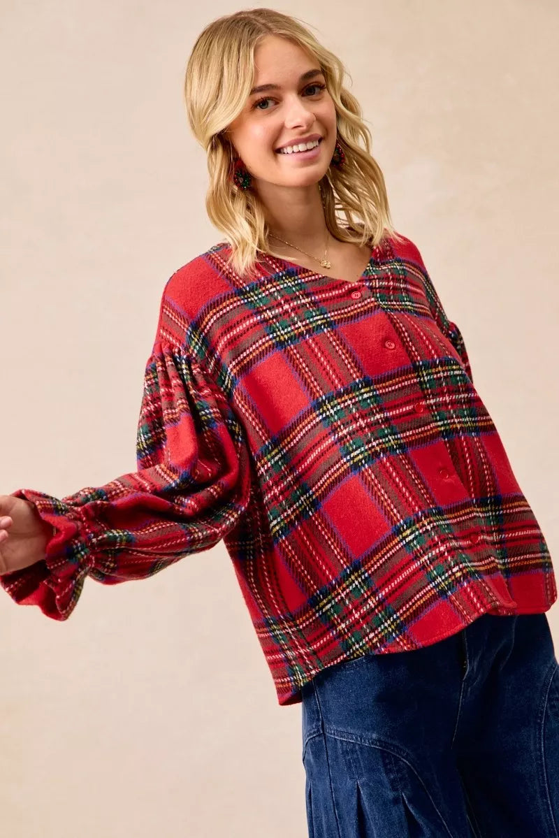 BiBi Christmas Plaid V-Neck Flounce Sleeve Jacket