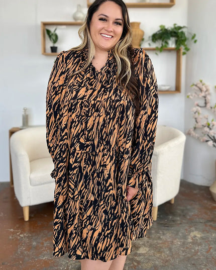 Double Take Full Size Printed Ruffle Hem Long Sleeve Dress