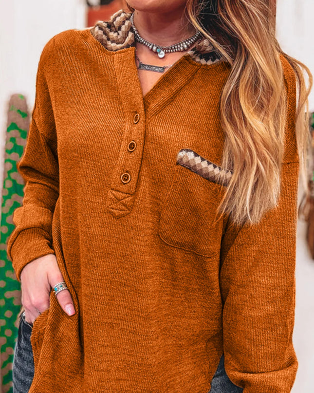 Contrast Plaid Hood Patchwork Chest Pocket Henley Top