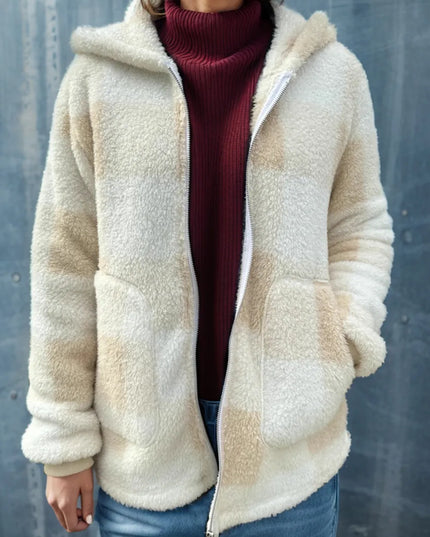 Double Take Full Size Plaid Long Sleeve Hooded Coat Khaki