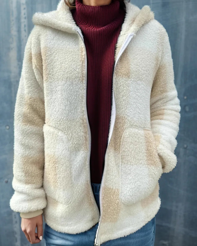 Double Take Full Size Plaid Long Sleeve Hooded Coat Khaki