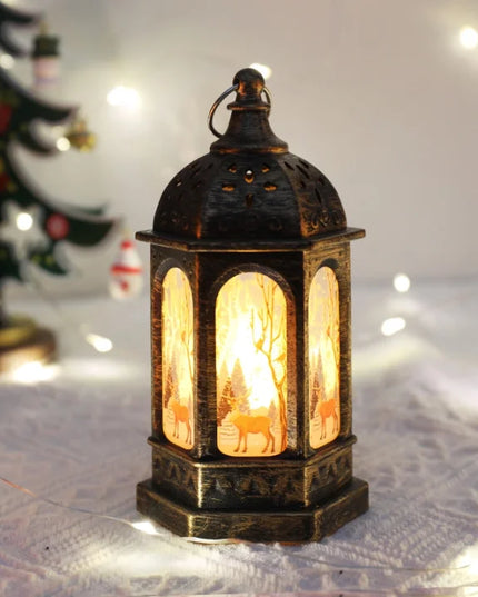 Christmas Decorative Wind Lamp Portable Electronic Night Light For The Elderly Snowman Luminous Small Oil Lamp Christmas Gift Ornaments Hexagonal Bronze Deer
