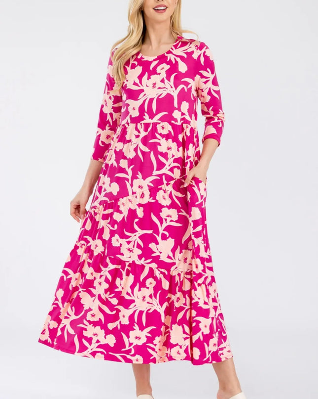 Celeste Full Size Floral Round Neck Ruffle Hem Dress FUCHSIA