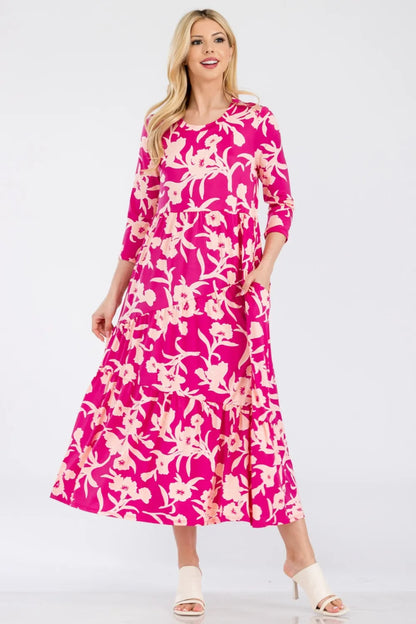 Celeste Full Size Floral Round Neck Ruffle Hem Dress FUCHSIA