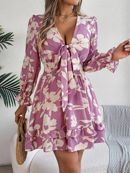 Tied Ruffled Printed Long Sleeve Dress Lilac