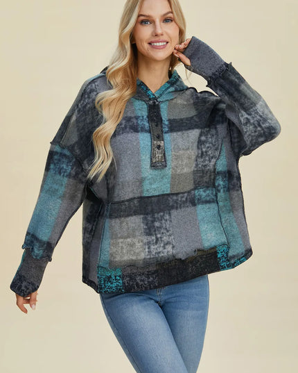 Double Take Full Size Plaid Dropped Shoulder Fleece Hoodie Dark Gray