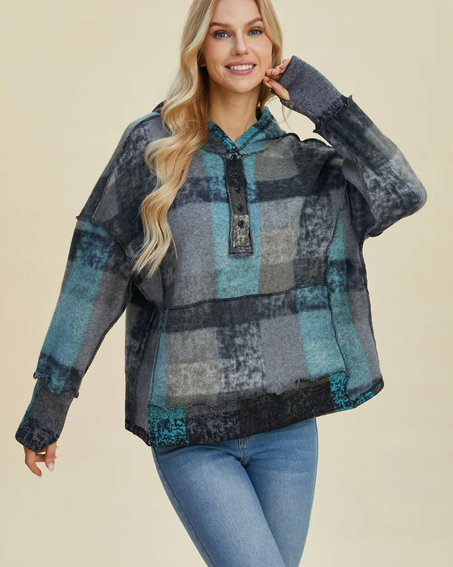 Double Take Full Size Plaid Dropped Shoulder Fleece Hoodie Dark Gray