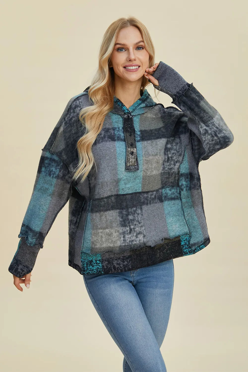 Double Take Full Size Plaid Dropped Shoulder Fleece Hoodie Dark Gray