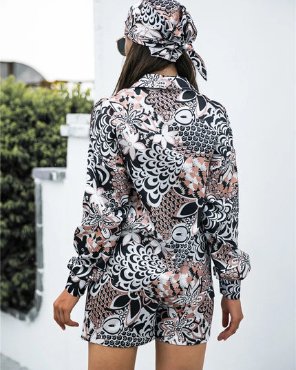 Printed Button Up Long Sleeve Shirt and Shorts Set