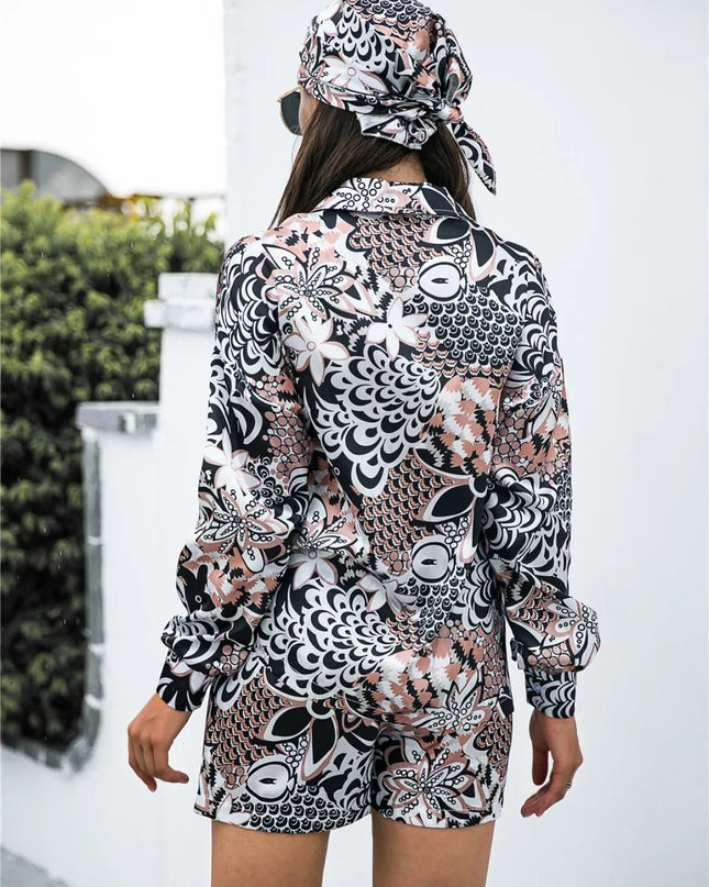 Printed Button Up Long Sleeve Shirt and Shorts Set