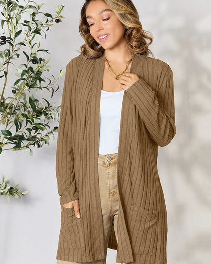 Basic Bae Full Size Ribbed Open Front Cardigan with Pockets