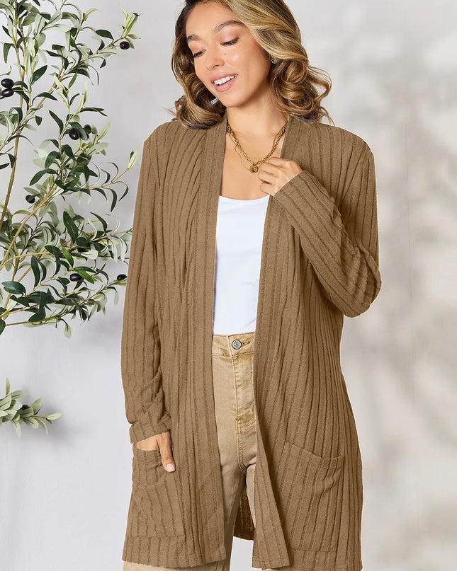 Basic Bae Full Size Ribbed Open Front Cardigan with Pockets