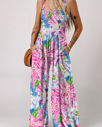 Floral Smocked Square Neck Jumpsuit with Pockets Floral