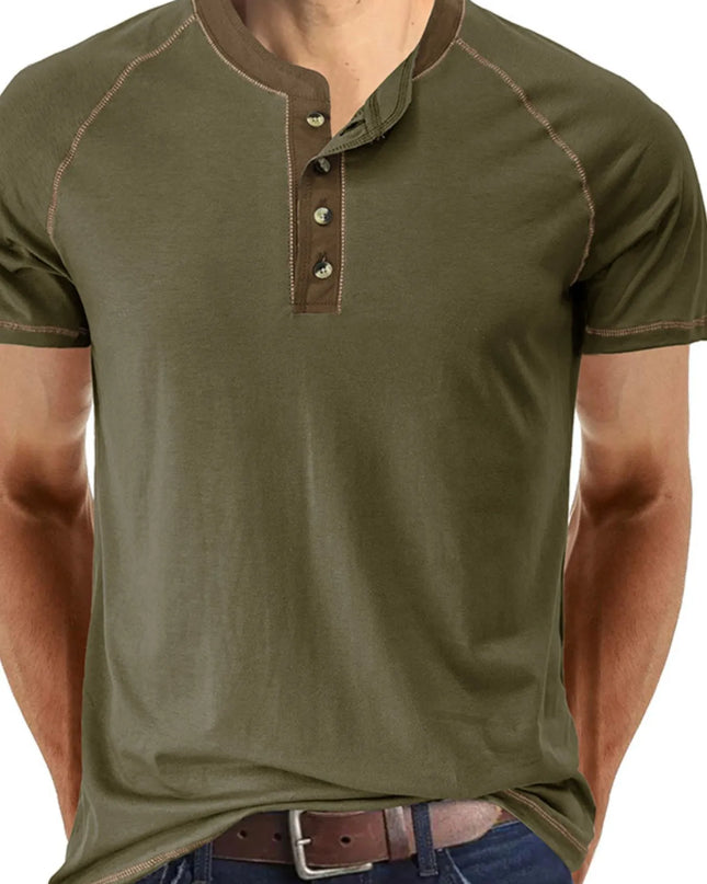Men's Contrast Trim Henley Polo Shirt Army Green