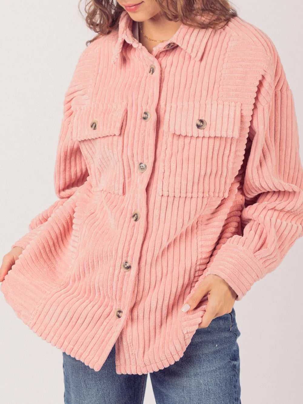 Button Up Long Sleeve Corduroy Jacket Blush Pink