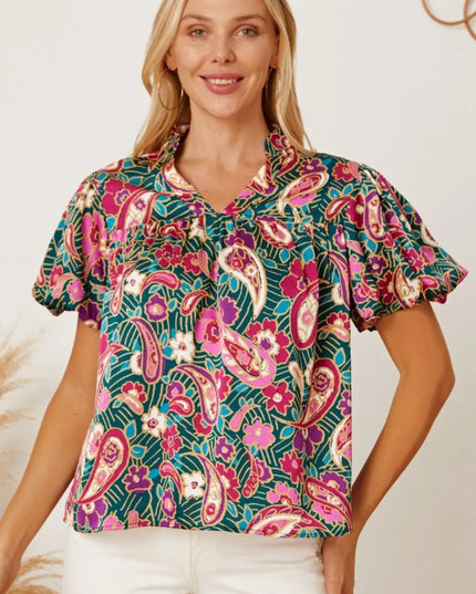 Floral Collared Neck Short Sleeve Blouse Multicolor