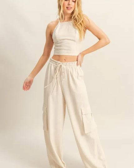 HYFVE Crop Top and Cargo Pants Set OATMEAL