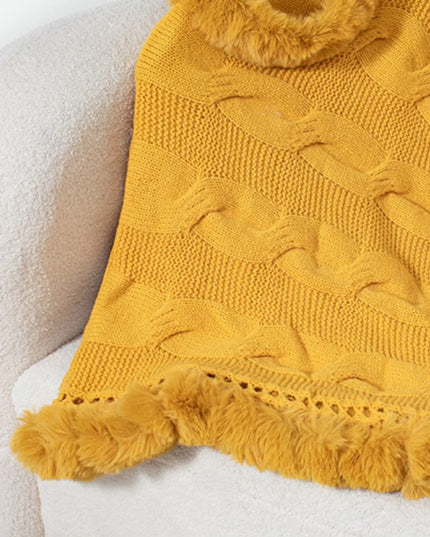 Fuzzy Hem Cable-Knit Poncho