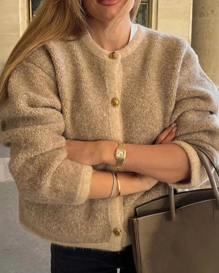 Textured Knit Cardigan with Gold Buttons Apricot