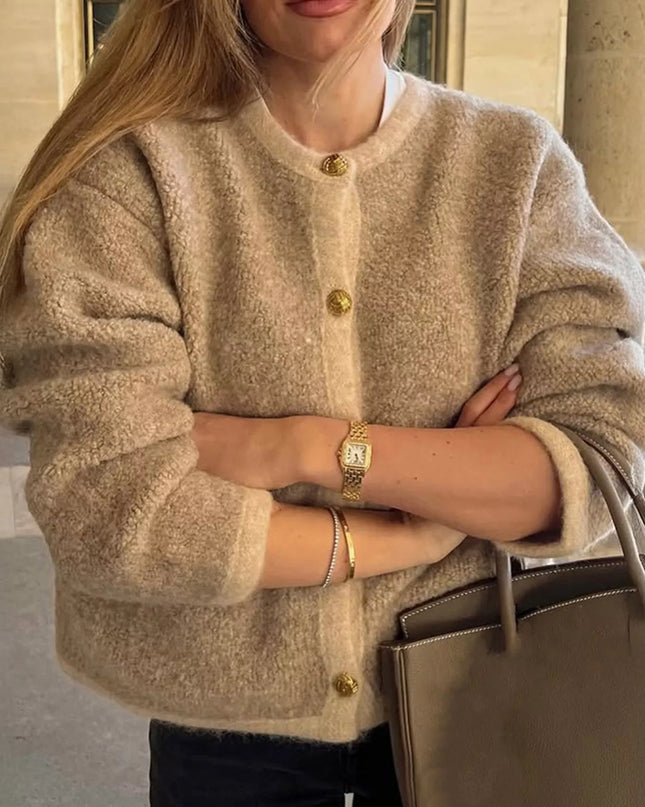 Textured Knit Cardigan with Gold Buttons Apricot