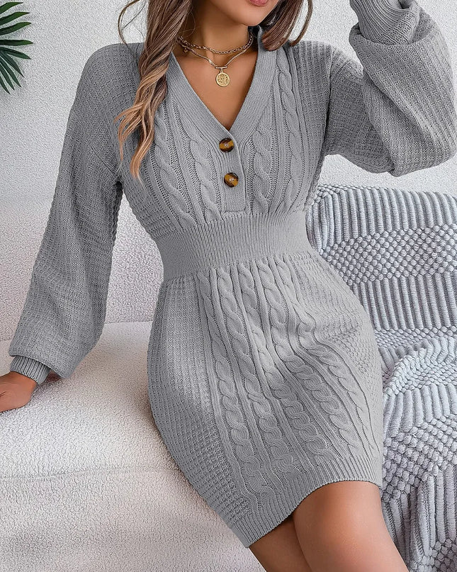 Buttoned Cable-Knit V-Neck Sweater Dress