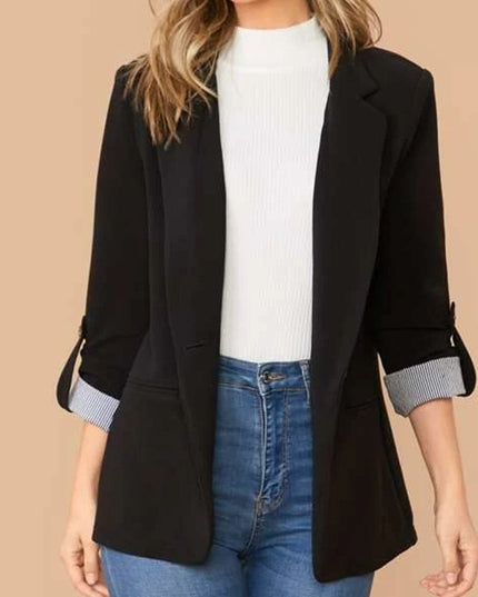 Lapel Collar Roll-Tab Sleeve Blazer Black