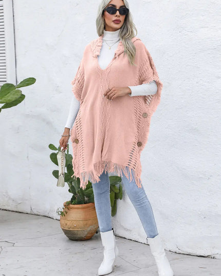 Fringe Trim Buttoned Hooded Poncho