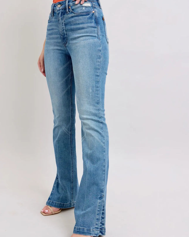 Judy Blue HW Tummy Control Vintage Wash Side Slit Slim Boot Jeans