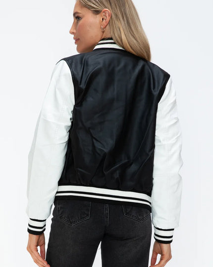 Love Me Now PU Leather Contrast Snap Down Bomber Jacket
