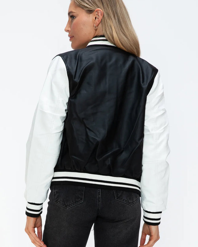 Love Me Now PU Leather Contrast Snap Down Bomber Jacket