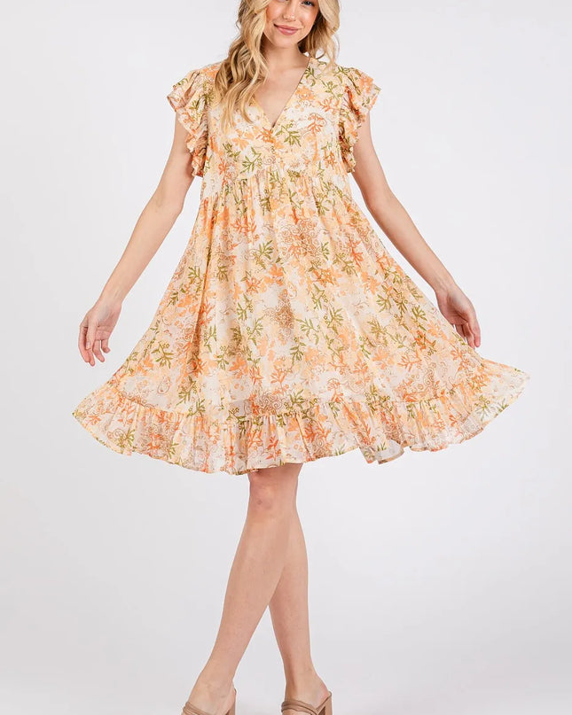 Mittoshop Floral Chiffon Ruffle Short Sleeve Mini Dress 
