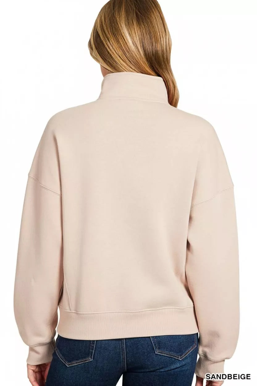 Zenana Fleece High Neck Half Zip Sweatshirt